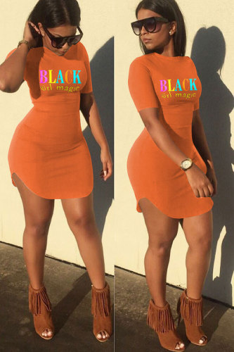 Orange Fashion Casual adult Black Cap Sleeve Short Sleeves O neck Step Skirt Mini Print Patchwork Character Dresses