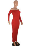 Красное модное сексуальное платье-карандаш с открытыми плечами и длинными рукавами, одно слово, воротник, платье-карандаш до середины икры, клубное платье с открытой спиной