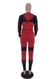 Red Casual Patchwork Mesh Solid pencil Long Sleeve Two-piece Pants Set