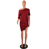 Red Casual One Shoulder Half Sleeves O neck Straight Mini Casual Dresses