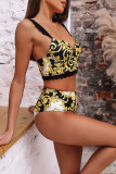 Top corto con estampado de retazos de nailon amarillo, trajes de dos piezas sin espalda, trajes de baño sexis a la moda para adultos