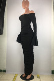 Black Fashion Sexy adult Patchwork Solid backless Draped Two Piece Suits pencil Half Sleeve Two Pieces