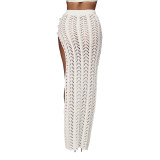 White Elastic Fly Mid Solid Straight Skirts