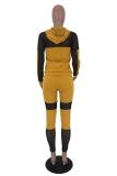 Yellow Casual Patchwork Mesh Solid pencil Long Sleeve Two-piece Pants Set