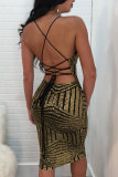 Gold Sexy Spaghetti Strap Sleeveless V Neck Step Skirt Sequin Patchwork backless 