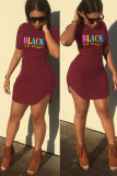 Black Fashion Casual adult Black Cap Sleeve Short Sleeves O neck Step Skirt Mini Print Patchwork Character Dresses