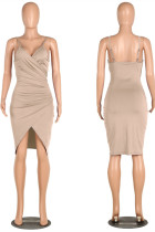Apricot Fashion Sexy Slip Step Skirt Knee-Length backless Solid Club Dresses