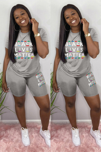 Silver Fashion Active adult Letter Patchwork Print Two Piece Suits Straight Short Sleeve Two Pieces