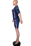 Dark Blue Fashion Active adult Patchwork Print Two Piece Suits Straight Short Sleeve Two Pieces