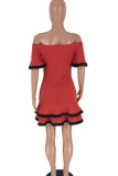 Red Sexy Ruffled Sleeve Short Sleeves One word collar A leaf skirt skirt chain Patchwork Solid