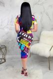 Multi-color Fashion Sexy Cap Sleeve Short Sleeves V Neck Pencil Dress Knee-Length Patchwork Print Clu