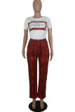 Red Casual Print Straight Short Sleeve Two-piece Pants Set
