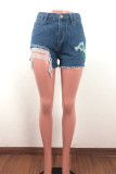 Indigofarbene Denim-Shorts mit Knopfverschluss, ärmellos, hohes Old-Loch-Waschen, Skinny-Shorts