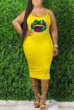 Orange Fashion Sexy adult Ma'am Orange Yellow watermelon red Off The Shoulder Sleeveless Slip A-Line Knee-Length Print Character lip Dresses