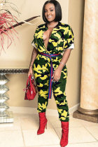 Gele mode sexy print camouflage patchwork mouwloze V-hals jumpsuits