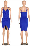 Blue Fashion Sexy Slip Step Skirt Knee-Length backless Solid Club Dresses
