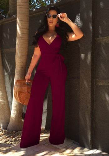 Maroon Backless Solid Fashion sexy Jumpsuits & Rompers