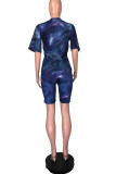Dark Blue Fashion Active adult Patchwork Print Two Piece Suits Straight Short Sleeve Two Pieces