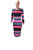 multicolor Sexy Cap Sleeve Long Sleeves O neck Step Skirt Mid-Calf Striped Print Long Sleeve Dresses
