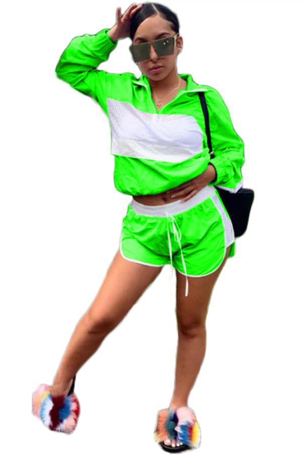Зеленый сексуальный модный однотонный лоскутный прямой короткий комплект из двух предметов