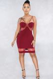 Wine Red Fashion Sexy Spaghetti Strap Sleeveless Slip Step Skirt Knee-Length hollow out Patchwork Mesh perspe