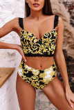 Gelbes Nylon-Patchwork-Print-Crop-Top rückenfrei Zweiteilige Anzüge Mode Sexy Badebekleidung für Erwachsene