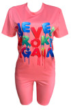 Pink Fashion Casual adult Letter Patchwork Print Two Piece Suits Straight Short Sleeve Two Pieces