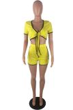 Yellow Sexy Fashion asymmetrical Solid crop top Bandage Two Piece Suits Skinny Two-Piece Short S