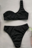 Black Fashion Ma'am Patchwork Solid Two Piece Suits Swimwears