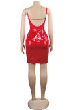 Red PU Fashion Sexy Spaghetti Strap Sleeveless Slip Hip skirt Knee-Length perspective lace bac