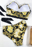 Gelbes Nylon-Patchwork-Print-Crop-Top rückenfrei Zweiteilige Anzüge Mode Sexy Badebekleidung für Erwachsene