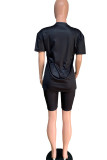 黒ファッション大人マダムストリートレターパッチワークプリントツーピーススーツストレート半袖ツーピース
