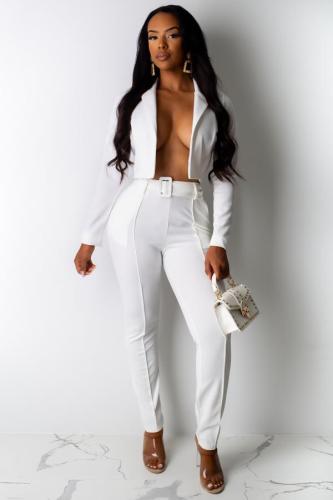 White Sexy Fashion Two Piece Suits Solid Slim fit Straight Long Sleeve Two-piece Pants Set