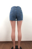 Indigofarbene Denim-Shorts mit Knopfverschluss, ärmellos, hohes Old-Loch-Waschen, Skinny-Shorts