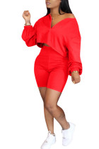 Red Fashion adult Ma'am Street O Neck Solid Two Piece Suits Stitching Plus Size