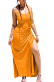 Naranja sexy patchwork sólido hendidura pliegue correa de espagueti una línea de vestidos