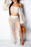 White Fashion Sexy adult Ma'am One word collar Solid tassel perspective Two Piece Suits Hollow Out Plus Size