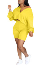 Yellow Fashion adult Ma'am Street O Neck Solid Two Piece Suits Stitching Plus Size