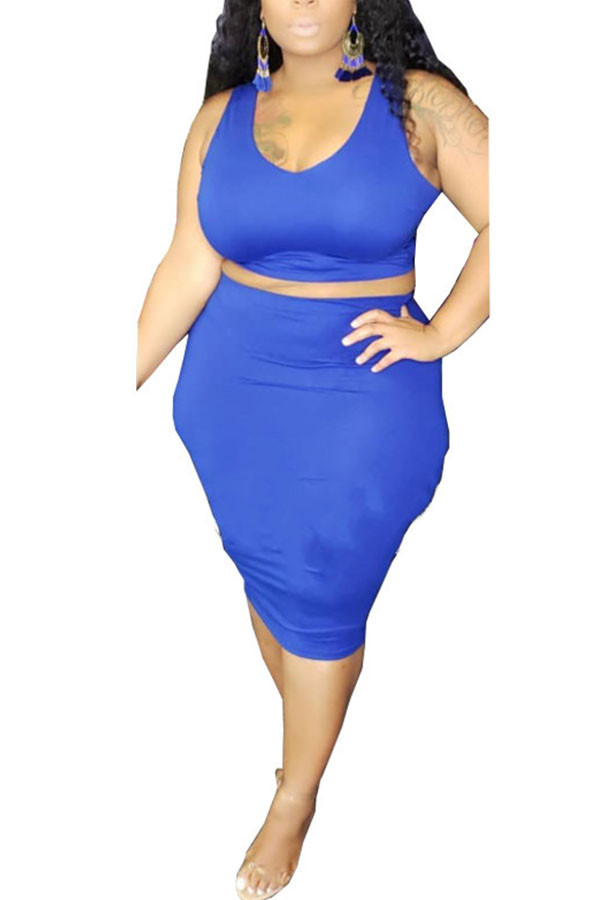 Blue Fashion Sexy adult Ma'am O Neck Patchwork Solid Two Piece Suits Stitching Plus Size