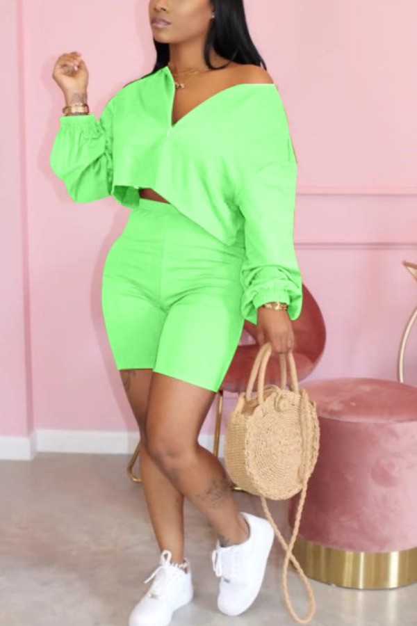 Флуоресцентно-зеленый модный костюм для взрослых Ma'am Street с круглым вырезом, однотонные костюмы из двух предметов, большие размеры