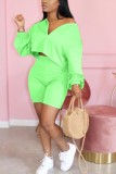 Fluorescent green Fashion adult Ma'am Street O Neck Solid Two Piece Suits Stitching Plus Size