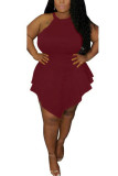 Wine Red Fashion Sexy adult Ma'am O Neck Patchwork Solid asymmetrical Stitching Plus Size