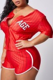 Red Fashion Active adult Ma'am V Neck Letter Print Two Piece Suits Stitching Plus Size