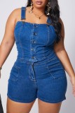 Blue Denim Fashion adulte Ma'am Street Slip Solid Two Piece Suits Buckle Plus Size