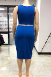 Blau Mode Sexy erwachsene Ma'am O Neck Patchwork Solide Zweiteilige Anzüge Nähte Plus Größe