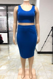 Blau Mode Sexy erwachsene Ma'am O Neck Patchwork Solide Zweiteilige Anzüge Nähte Plus Größe
