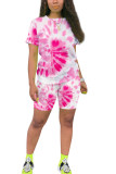 multicolor Fashion Sexy adult Ma'am O Neck Patchwork Print Tie Dye Two Piece Suits Stitching Plus Size