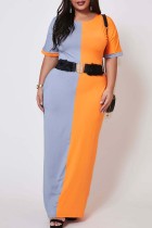 オレンジファッションカジュアル大人Ma'amOネックパッチワークソリッドステッチプラスサイズ