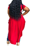 Moda de color rojo Sexy adulto señora cuello vuelto Patchwork liso asimétrico costura de talla grande