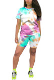 colour Fashion Sexy adult Ma'am O Neck Patchwork Print Tie Dye Two Piece Suits Stitching Plus Size